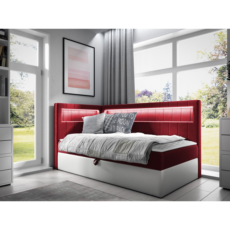 Kontinentálna jednolôžková posteľ 90x200 RAMIRA 3 - biela ekokoža / červená, ľavé prevedenie + topper ZDARMA
