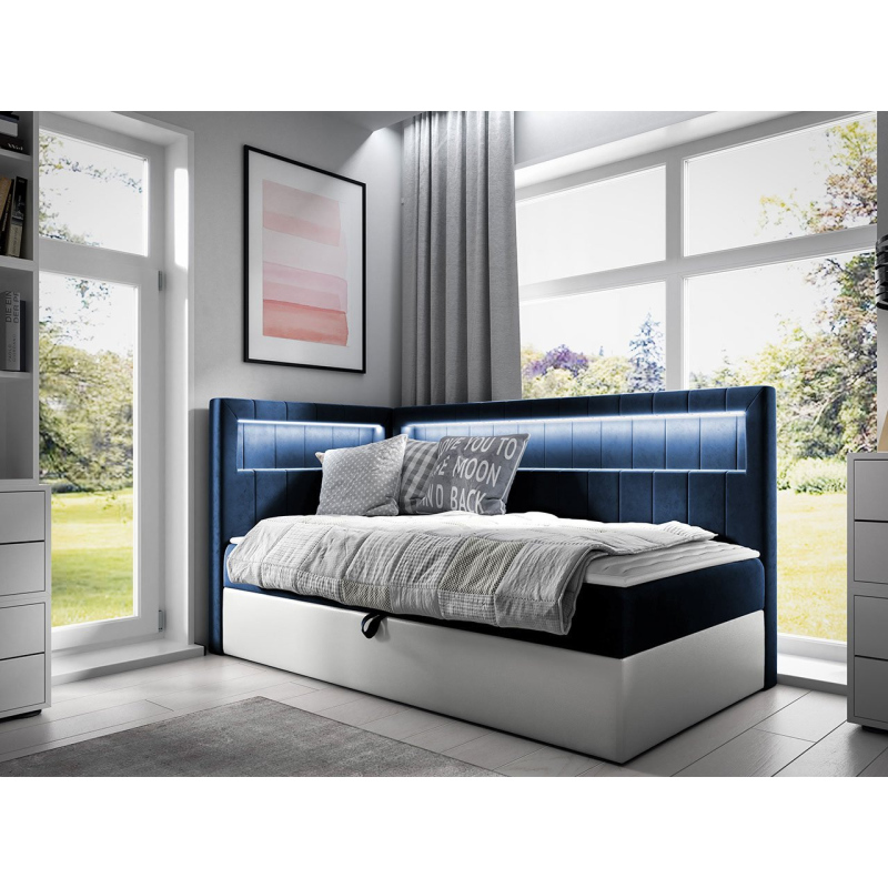 Kontinentálna jednolôžková posteľ 90x200 RAMIRA 3 - biela ekokoža / modrá 1, ľavé prevedenie + topper ZDARMA