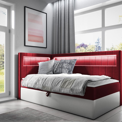 Kontinentálna jednolôžková posteľ 80x200 RAMIRA 3 - biela ekokoža / červená, ľavé prevedenie + topper ZDARMA
