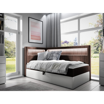 Kontinentálna jednolôžková posteľ 100x200 RAMIRA 3 - biela ekokoža / hnedá 1, ľavé prevedenie + topper ZDARMA
