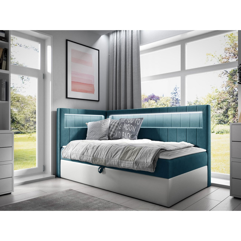 Kontinentálna jednolôžková posteľ 100x200 RAMIRA 3 - biela ekokoža / modrá 2, ľavé prevedenie + topper ZDARMA