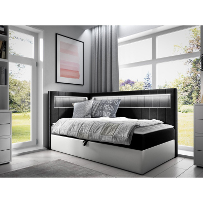 Kontinentálna jednolôžková posteľ 100x200 RAMIRA 3 - biela ekokoža / čierna, ľavé prevedenie + topper ZDARMA