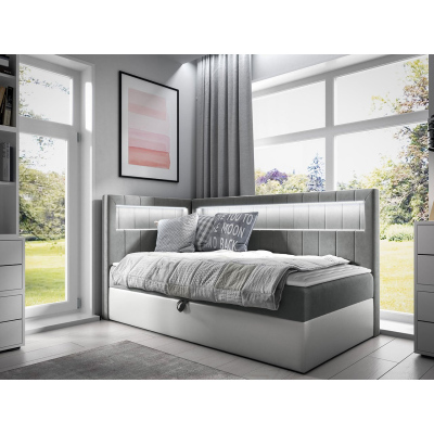 Kontinentálna jednolôžková posteľ 100x200 RAMIRA 3 - biela ekokoža / šedá, ľavé prevedenie + topper ZDARMA