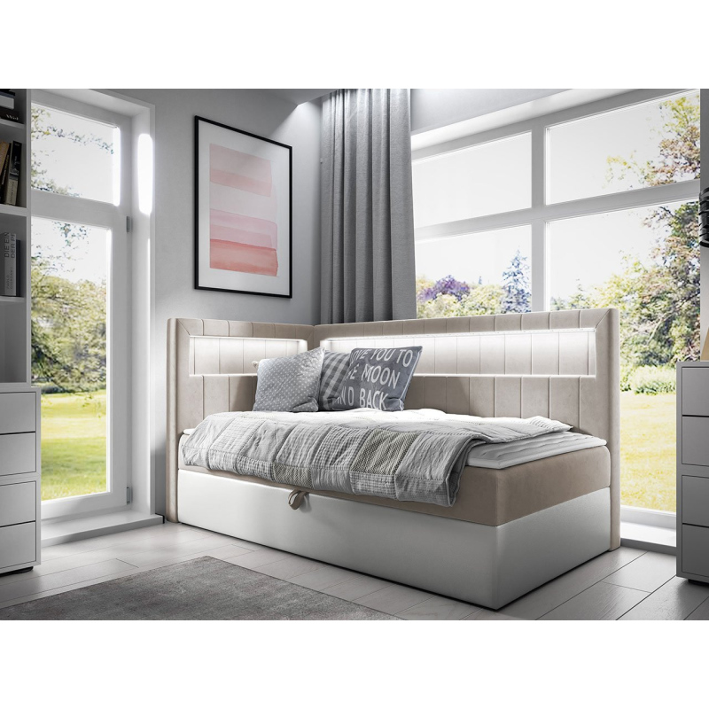 Kontinentálna jednolôžková posteľ 100x200 RAMIRA 3 - biela ekokoža / béžová, ľavé prevedenie + topper ZDARMA
