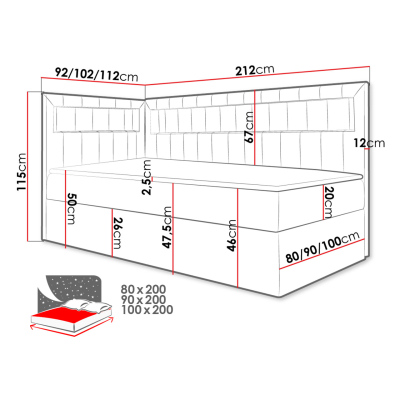 Kontinentálna jednolôžková posteľ 100x200 RAMIRA 3 - biela ekokoža / červená, ľavé prevedenie + topper ZDARMA