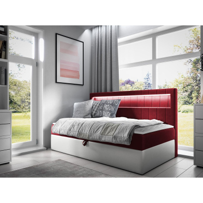Boxspringová jednolôžková posteľ 90x200 RAMIRA 2 - biela ekokoža / červená + topper ZDARMA