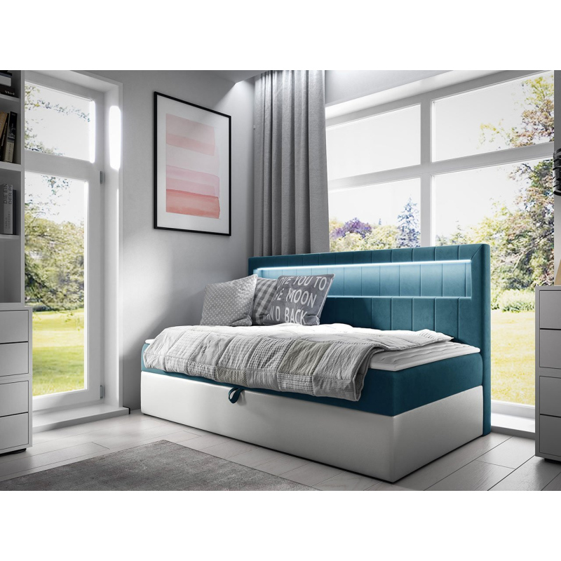 Boxspringová jednolôžková posteľ 90x200 RAMIRA 2 - biela ekokoža / modrá 2 + topper ZDARMA