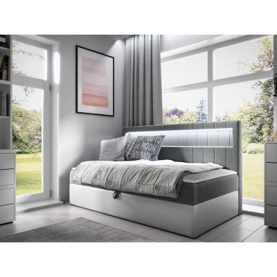 Boxspringová jednolôžková posteľ 90x200 RAMIRA 2 - biela ekokoža / šedá + topper ZDARMA