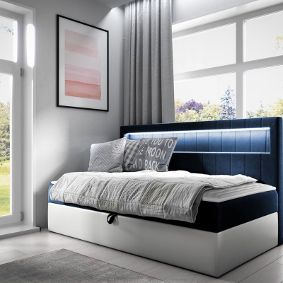 Boxspringová jednolôžková posteľ 90x200 RAMIRA 2 - biela ekokoža / modrá 1 + topper ZDARMA