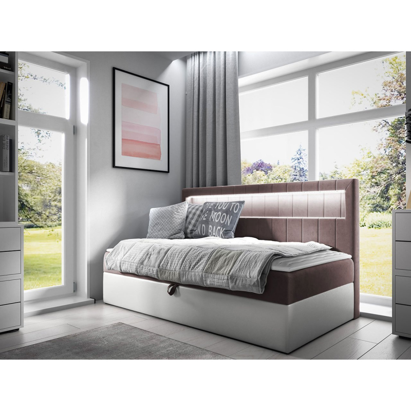 Boxspringová jednolôžková posteľ 80x200 RAMIRA 2 - biela ekokoža / hnedá 2 + topper ZDARMA
