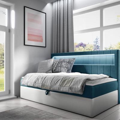 Boxspringová jednolôžková posteľ 80x200 RAMIRA 2 - biela ekokoža / modrá 2 + topper ZDARMA