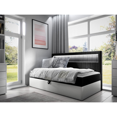 Boxspringová jednolôžková posteľ 80x200 RAMIRA 2 - biela ekokoža / čierna + topper ZDARMA