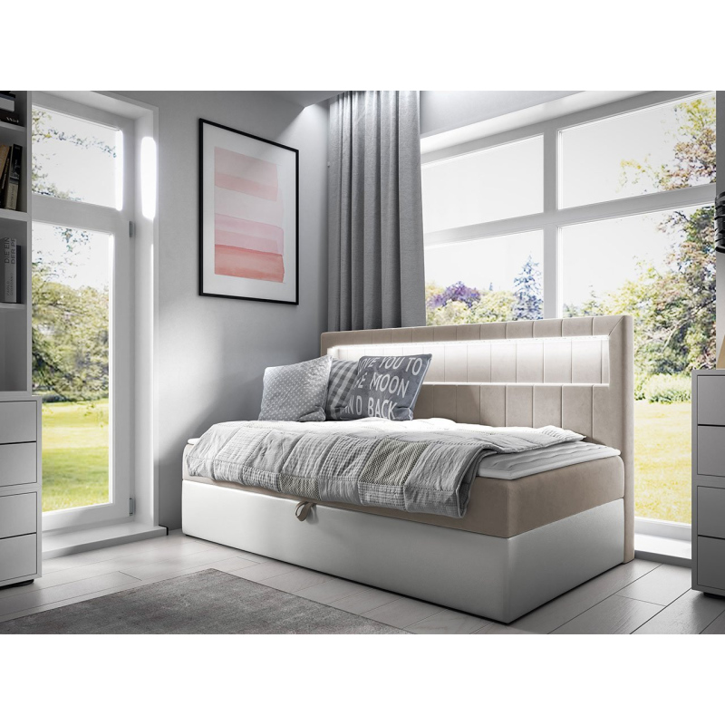 Boxspringová jednolôžková posteľ 80x200 RAMIRA 2 - biela ekokoža / béžová + topper ZDARMA