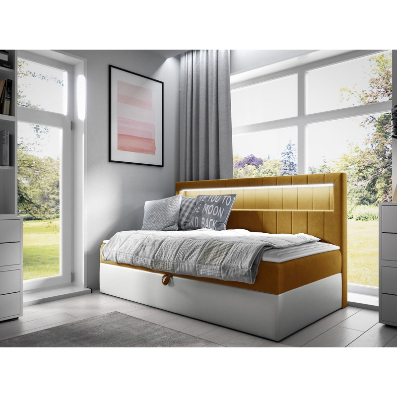 Boxspringová jednolôžková posteľ 100x200 RAMIRA 2 - biela ekokoža / žltá + topper ZDARMA