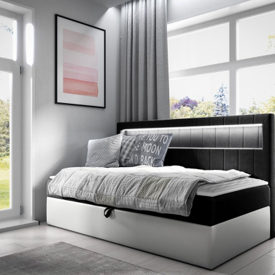 Boxspringová jednolôžková posteľ 100x200 RAMIRA 2 - biela ekokoža / čierna + topper ZDARMA