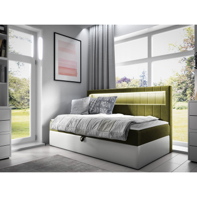 Boxspringová jednolôžková posteľ 100x200 RAMIRA 2 - biela ekokoža / khaki + topper ZDARMA