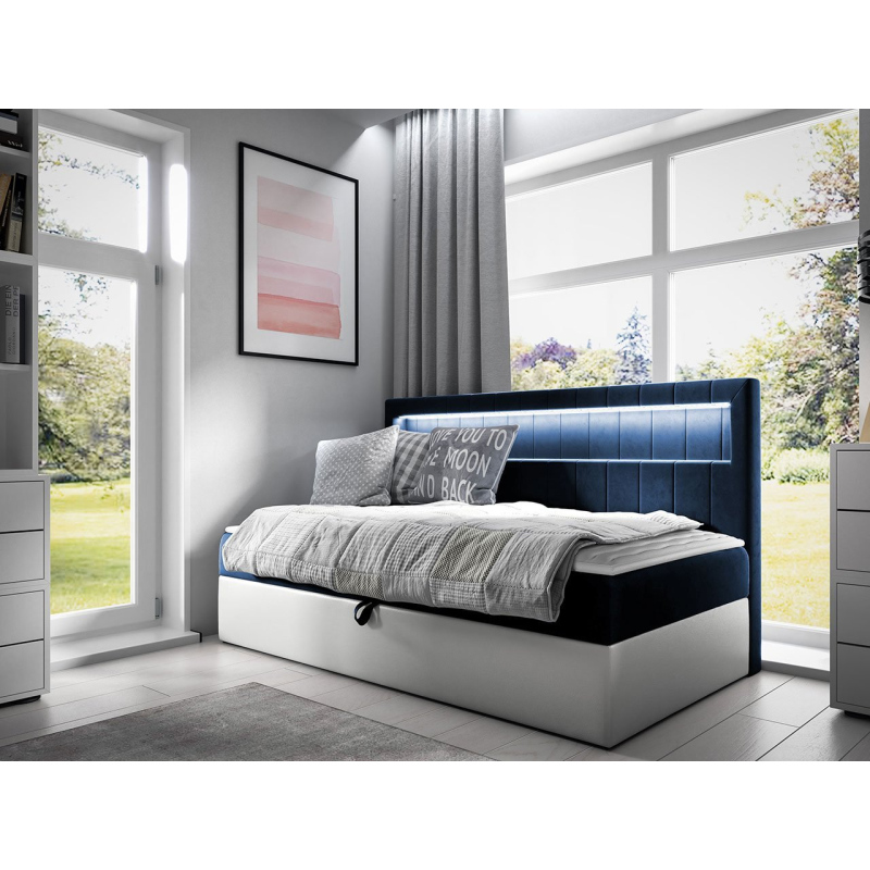 Boxspringová jednolôžková posteľ 100x200 RAMIRA 2 - biela ekokoža / modrá 1 + topper ZDARMA