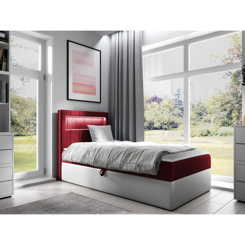 Kontinentálna jednolôžková posteľ 90x200 RAMIRA 1 - biela ekokoža / červená, ľavé prevedenie + topper ZDARMA