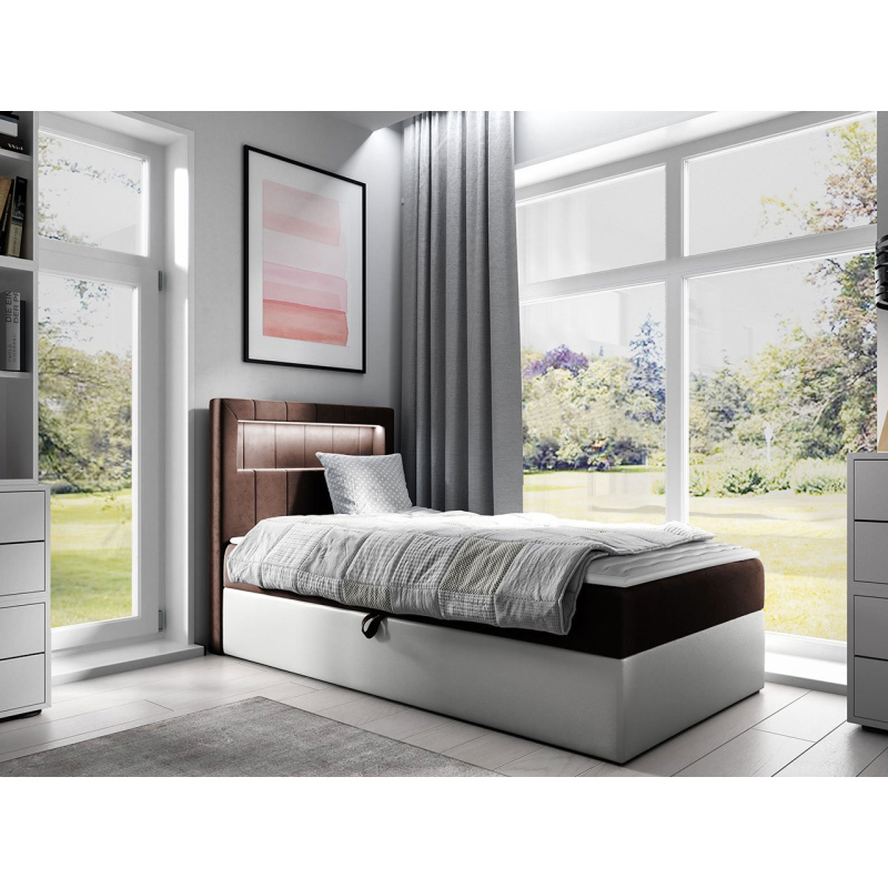 Kontinentálna jednolôžková posteľ 90x200 RAMIRA 1 - biela ekokoža / hnedá 1, ľavé prevedenie + topper ZDARMA