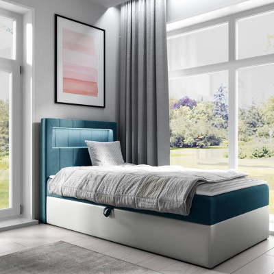 Kontinentálna jednolôžková posteľ 90x200 RAMIRA 1 - biela ekokoža / modrá 2, ľavé prevedenie + topper ZDARMA