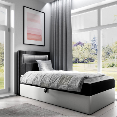 Kontinentálna jednolôžková posteľ 90x200 RAMIRA 1 - biela ekokoža / čierna, ľavé prevedenie + topper ZDARMA