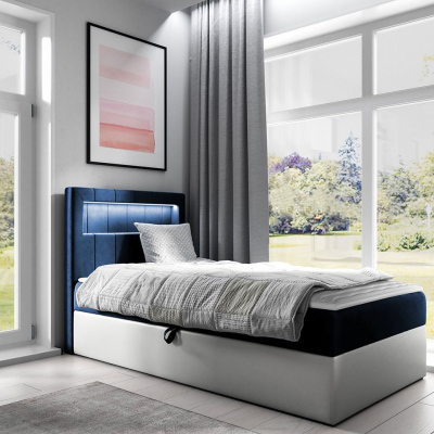 Kontinentálna jednolôžková posteľ 90x200 RAMIRA 1 - biela ekokoža / modrá 1, ľavé prevedenie + topper ZDARMA