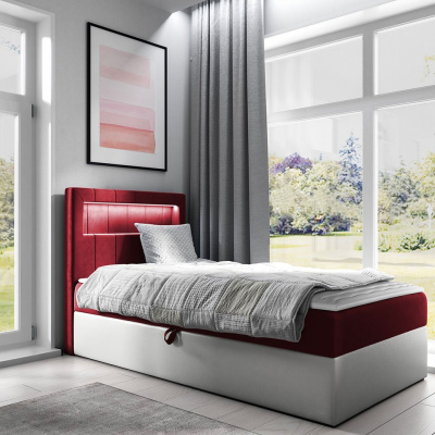 Kontinentálna jednolôžková posteľ 80x200 RAMIRA 1 - biela ekokoža / červená, ľavé prevedenie + topper ZDARMA