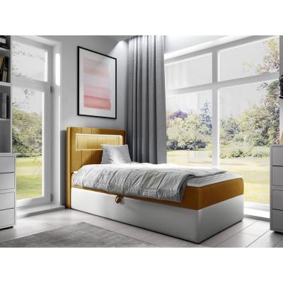 Kontinentálna jednolôžková posteľ 80x200 RAMIRA 1 - biela ekokoža / žltá, ľavé prevedenie + topper ZDARMA