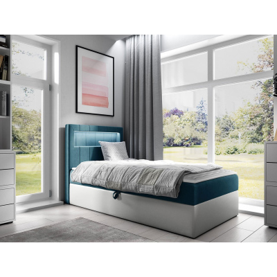Kontinentálna jednolôžková posteľ 80x200 RAMIRA 1 - biela ekokoža / modrá 2, ľavé prevedenie + topper ZDARMA