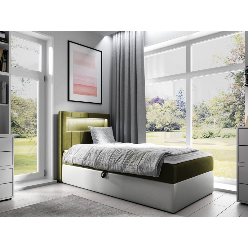 Kontinentálna jednolôžková posteľ 80x200 RAMIRA 1 - biela ekokoža / khaki, ľavé prevedenie + topper ZDARMA