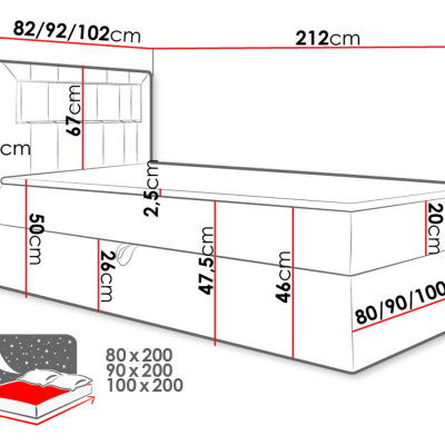 Kontinentálna jednolôžková posteľ 90x200 RAMIRA 1 - biela ekokoža / červená, ľavé prevedenie + topper ZDARMA