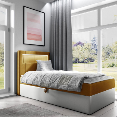 Kontinentálna jednolôžková posteľ 100x200 RAMIRA 1 - biela ekokoža / žltá, ľavé prevedenie + topper ZDARMA