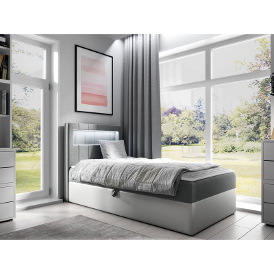 Kontinentálna jednolôžková posteľ 100x200 RAMIRA 1 - biela ekokoža / šedá, ľavé prevedenie + topper ZDARMA