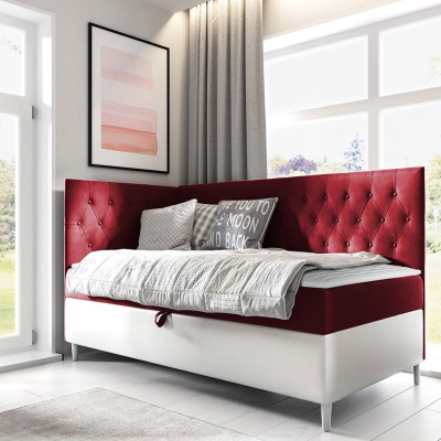 Boxspringová jednolôžková posteľ 90x200 PORFIRO 3 - biela ekokoža / červená, ľavé prevedenie + topper ZDARMA