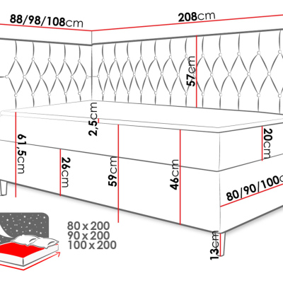 Boxspringová jednolôžková posteľ 90x200 PORFIRO 3 - biela ekokoža / červená, ľavé prevedenie + topper ZDARMA