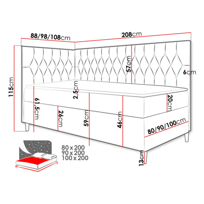 Boxspringová jednolôžková posteľ 90x200 PORFIRO 3 - biela ekokoža / červená, ľavé prevedenie + topper ZDARMA
