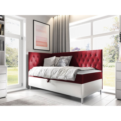 Boxspringová jednolôžková posteľ 100x200 PORFIRO 3 - biela ekokoža / červená, ľavé prevedenie + topper ZDARMA