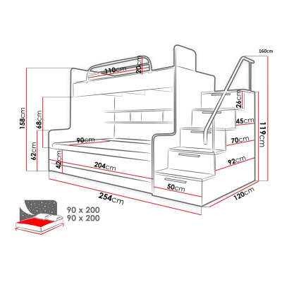 Detská poschodová posteľ RENI 2 - 90x200, biela / šedá