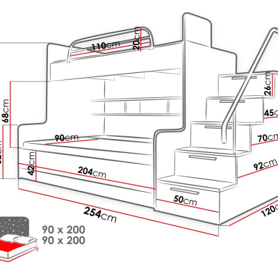 Detská poschodová posteľ RENI 2 - 90x200, biela / ružová