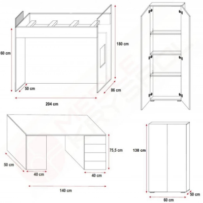 Posteľ s písacím stolom do detskej izby RENI 4 - 80x200, biela / ružová