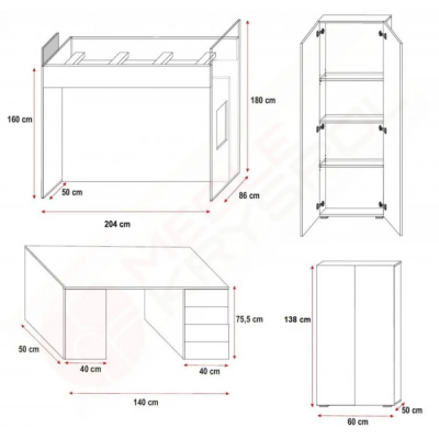 Posteľ s písacím stolom do detskej izby RENI 4 - 80x200, biela / ružová