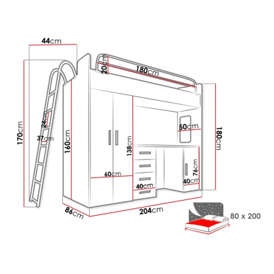 Posteľ s písacím stolom do detskej izby RENI 4 - 80x200, biela / šedá