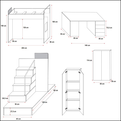 Detská posteľ s písacím stolom RENI 5 - 80x200, biela / šedá