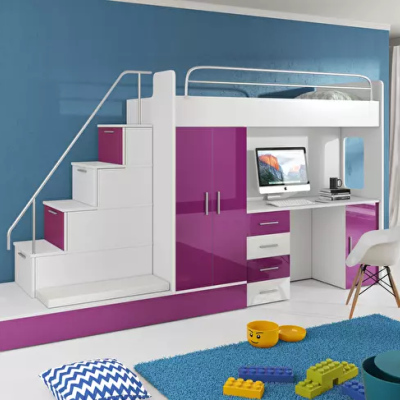 Detská posteľ s písacím stolom RENI 5 - 80x200, biela / fialová