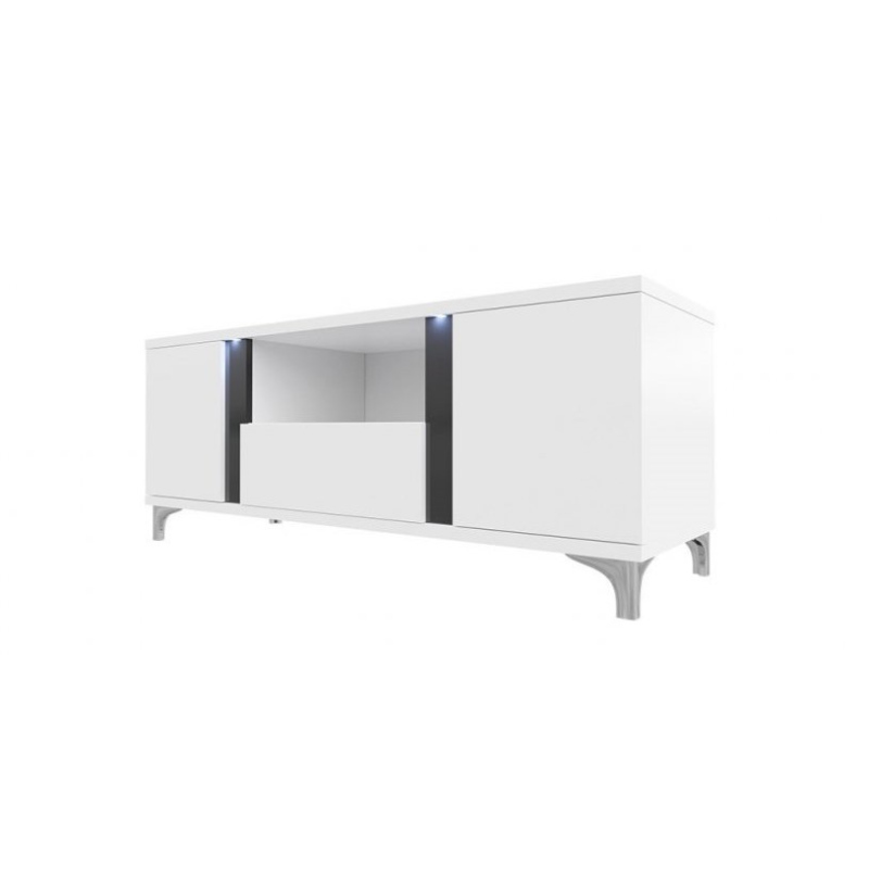 Televízny stolík s LED osvetlením BANTRY - biely / lesklý biely / lesklý čierny