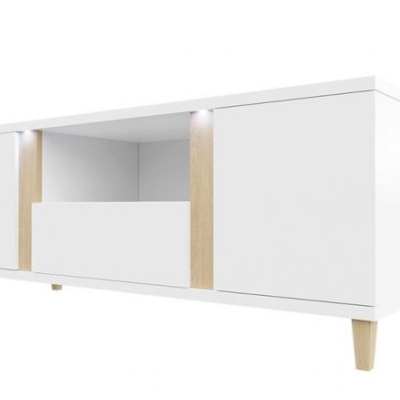 Televízny stolík s LED osvetlením BANTRY - biely / lesklý biely / prírodná dyha