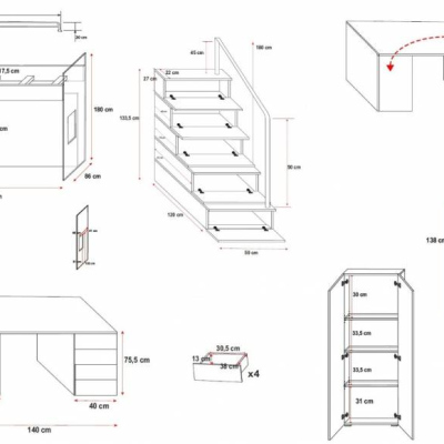 Detská poschodová posteľ s písacím stolom RENI 4 - 80x200, biela / šedá