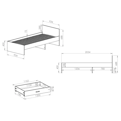 Jednolôžková posteľ KARIS 90x200 - biela / antracit / dub artisan