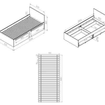 Jednolôžková posteľ INNES 90x200 - buk fjord / biela / šedá platina