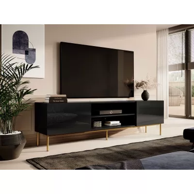 Televízny stolík TOKA - čierny / lesklý čierny / zlatý
